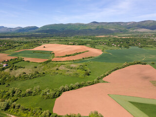 Obraz premium Aerial view of rural land near town of Godech, Bulgaria