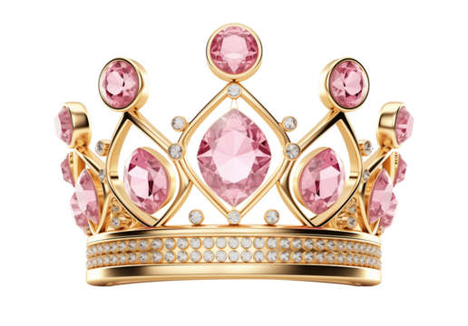 Royal gold crown with pink diamonds isolated on transparent background. Generative AI