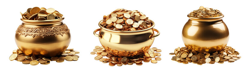 Set of golden coins in gold pot on transparent background. Generative AI - obrazy, fototapety, plakaty