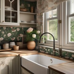 A cozy English cottage-style kitchen with floral wallpaper and a farmhouse sink3