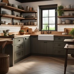 A rustic farmhouse kitchen with open shelving, butcher block counters, and a farmhouse sink2