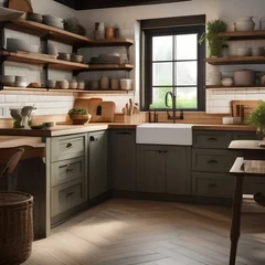 Fotobehang A rustic farmhouse kitchen with open shelving, butcher block counters, and a farmhouse sink2 © Ai.Art.Creations