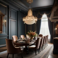A luxurious Victorian-inspired dining room with a grand table and velvet chairs1