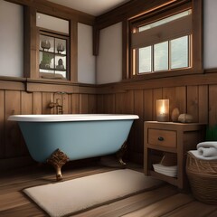A cozy farmhouse-style bathroom with clawfoot tub and rustic wooden accents1