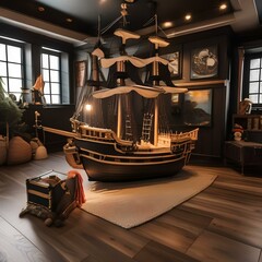 A whimsical pirate ship-themed playroom with rope ladders and a crow's nest3