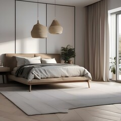 A minimalist Scandinavian bedroom with clean lines, neutral tones, and organic textures1