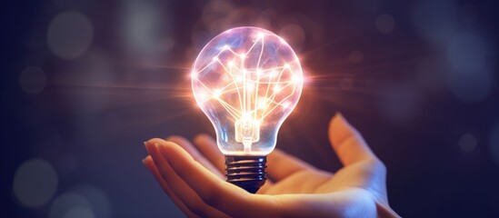 Hand holding virtual light bulb image idea discovery sign