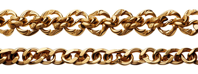 Golden chain border. Seamless luxury chains of different shapes, realistic gold jewelry links, metal golden elements repeating pattern metallic frame set. Generative AI