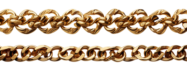 Golden chain border. Seamless luxury chains of different shapes, realistic gold jewelry links, metal golden elements repeating pattern metallic frame set. Generative AI