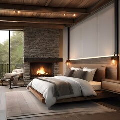 A cozy cabin-style bedroom with exposed wooden beams and a stone fireplace3