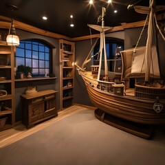 A whimsical pirate ship-themed playroom with rope bridges and hidden treasure chests2