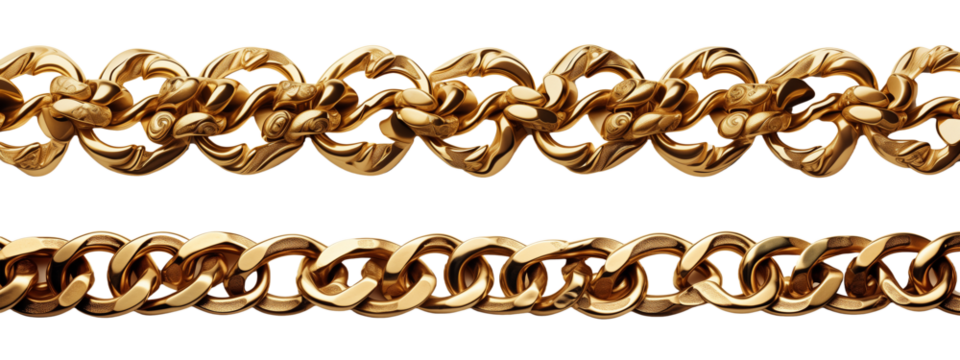 Golden chain border. Seamless luxury chains of different shapes, realistic gold jewelry links, metal golden elements repeating pattern metallic frame set. Generative AI - Powered by Adobe