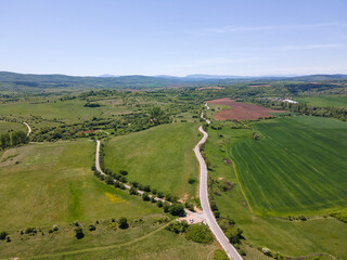 Aerial view of rural land near town of Godech, Bulgaria