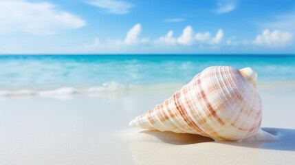 Fototapeta na wymiar Sea shell on white sand, pristine tropical beach in the afternoon