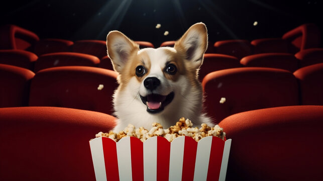 Funny cute corgi puppy with popcorn in cinema watching the movie .