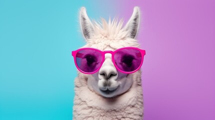 Naklejka premium Creative animal concept. Llama in sunglass shade glasses isolated on solid pastel background