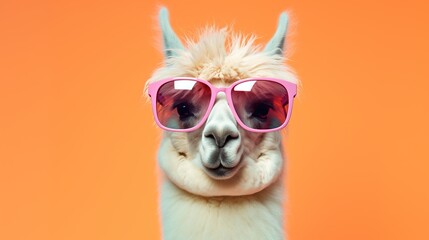 Creative animal concept. Llama in sunglass shade glasses isolated on solid pastel background