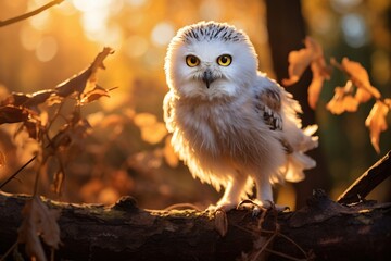 Cute fluffy white owl, beautiful Backlight, early september morning, wildlife photo, National Geographic, multidimensional layering, magical vibes 