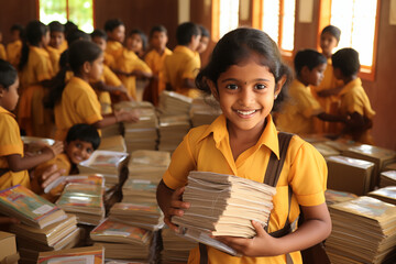 Children engaged in book donation campaigns, leaving room for messages on literacy
