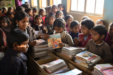 Children engaged in book donation campaigns, leaving room for messages on literacy - obrazy, fototapety, plakaty