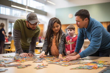 Adults and kids working together in community-building activities, with space for quotes on unity