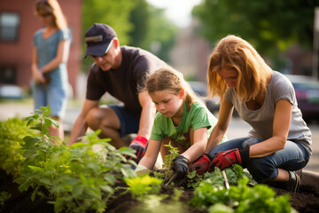 Adults and kids contributing to community beautification projects, with space for quotes on aesthetics
