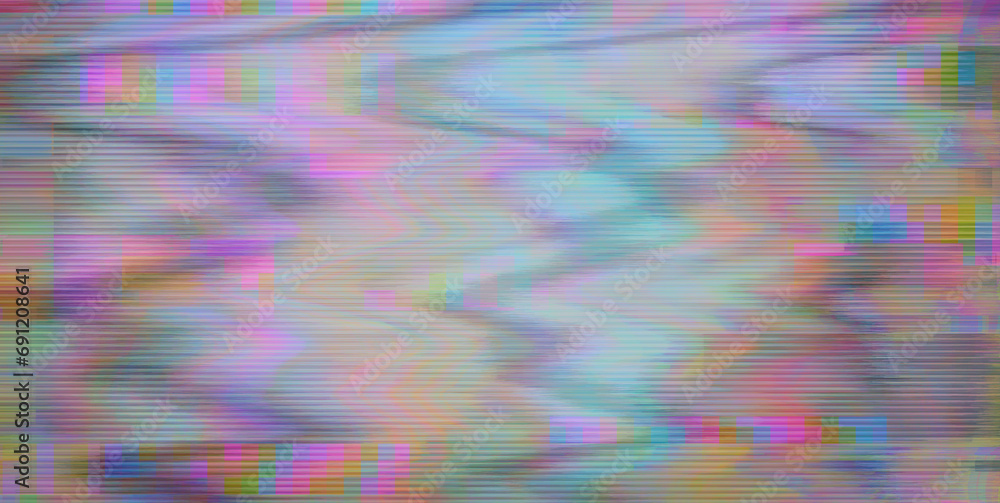 Poster Glitched flickering screen with distortion, noise, and scanlines like in old VHS tape.