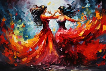 Flamenco Spanish Dancers abstract art with vivid passionate colours - obrazy, fototapety, plakaty