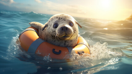 Ein süße kleine Robbe auf dem Meer in einem Rettungsring. Cartoon-Stil. - obrazy, fototapety, plakaty