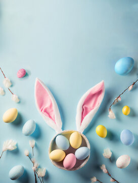 Naklejki Easter concept. Top view of easter bunny ears and  pink, blue, yellow eggs on isolated pastel blue background. Copy space. 