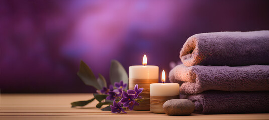 Obraz na płótnie Canvas Warm spa atmosphere on a lilac background with folded towels, flowers and candles as decor. An atmosphere of relaxation, tranquility and pleasure.