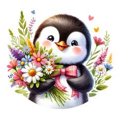 A penguin with a bouquet of colorful flowers