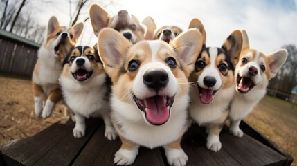 Group of cute Corgi puppies making selfie.Charming group of adorable Corgi puppys capturing a heartwarming moment, huddled together in a selfie, showcasing their playful camaraderie .