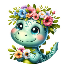 A dinosaur with flowers on its head and holding flowers