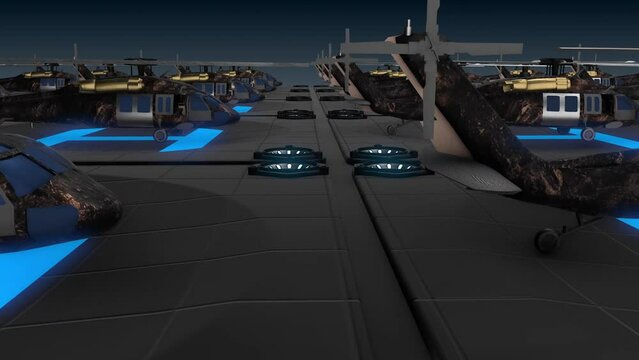 Airfield with military helicopters 3D animation