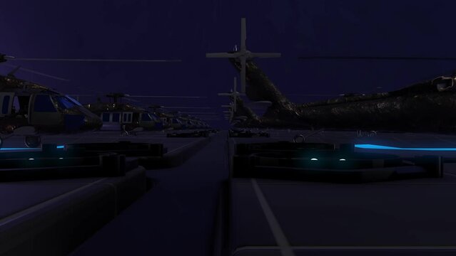 Airfield with military helicopters 3D animation