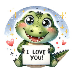 A crocodile with a sign saying "I love you!"