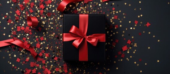 Festive Black Friday surprise Black gift box with red ribbon strap dark background top view