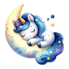 A sleeping unicorn rests on a crescent moon among the stars