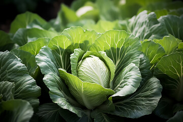 Fototapeta premium Fresh Green Cabbage, in garden, water drops on leaves