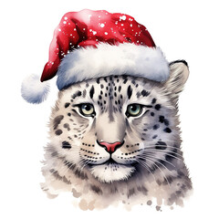 Snow Leopard Wearing Santa Hat For Christmas Event. Watercolor Style. AI Generated