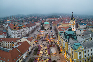 Aerial photo of Advent market in Pecs, Hungary