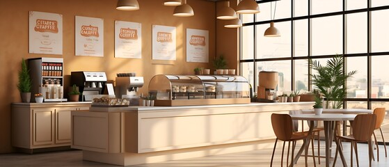 The interior of a clean and bright coffee shop with a combination of brown and beige colors - obrazy, fototapety, plakaty