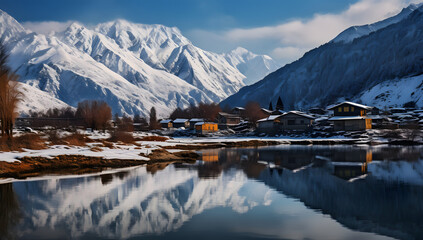 small village houses with river lake with snowy mountain at background