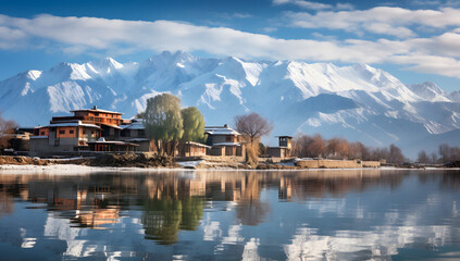 Fototapeta na wymiar small village houses with river lake with snowy mountain at background