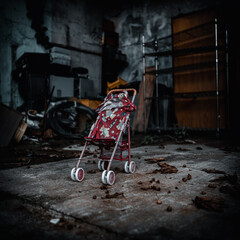 abandoned spooky stroller for dolls in post-apocalyptic ruins of amusement park