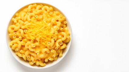 Top view of a bowl of hot cheesy macaroni and cheese isolated on white background with copy space