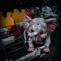 abandoned amusement park, rusty and ruined carousel, elephant figure