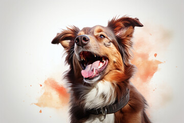 cachorro feliz com a boca aberta rindo em um fundo branco - obrazy, fototapety, plakaty