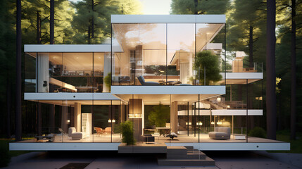 A house with glass walls and a deck